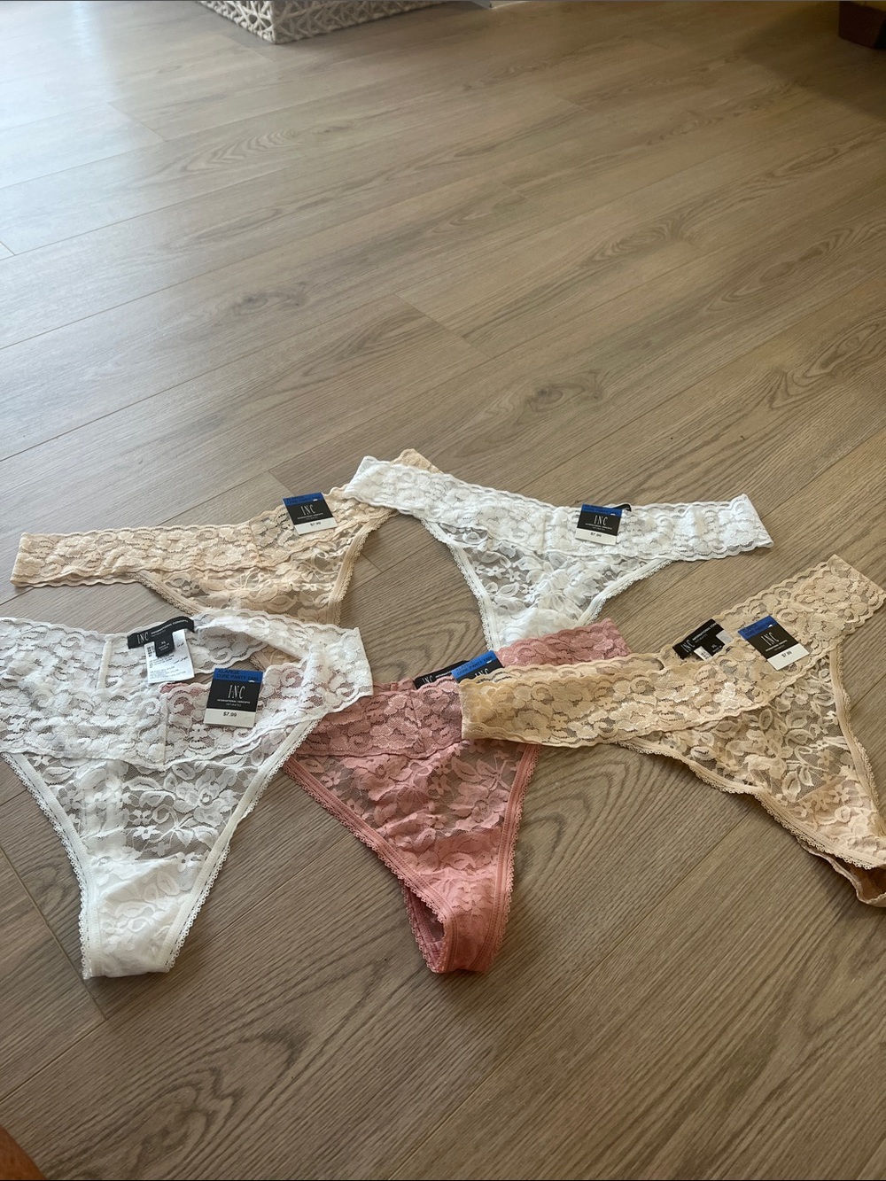 INC International Concepts Lace Thong Pack in White, Cream, Blush, Tan